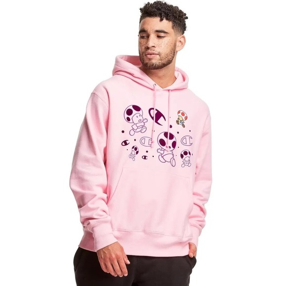 Champion X Super Mario Collab Toad Pink Adult Hoodie Embroidered Size XS Unisex - Picture 2 of 8